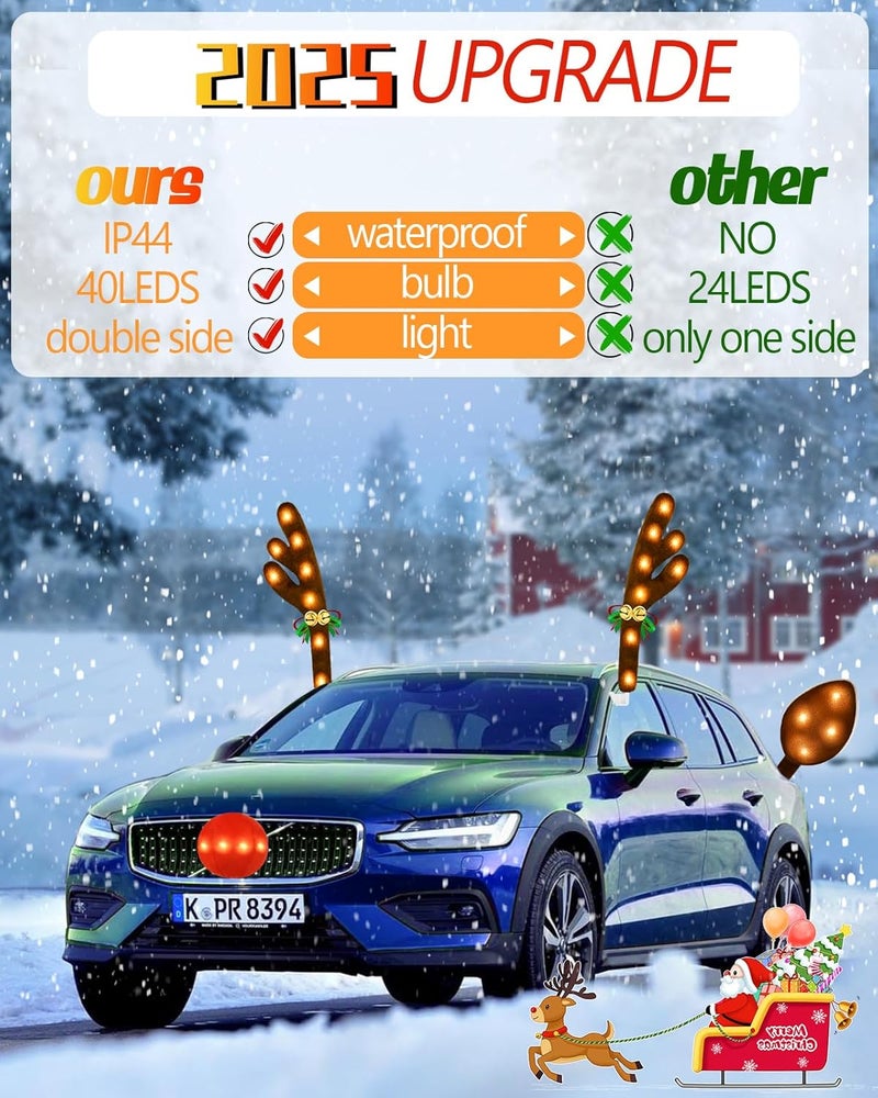 Dergo Christmas Reindeer Antlers Car Decoration Kit, Waterproof LED Lights Nose Vehicle with Jingle Bells Rudolph, Auto Holiday Accessories for SUV Van Truck Decor Warm White - Image 2